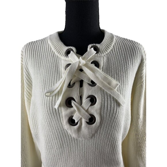 Olivia Warren Lace-Up Cream Knit Sweater With Oversized Eyelets & Ties Large - Picture 2 of 11